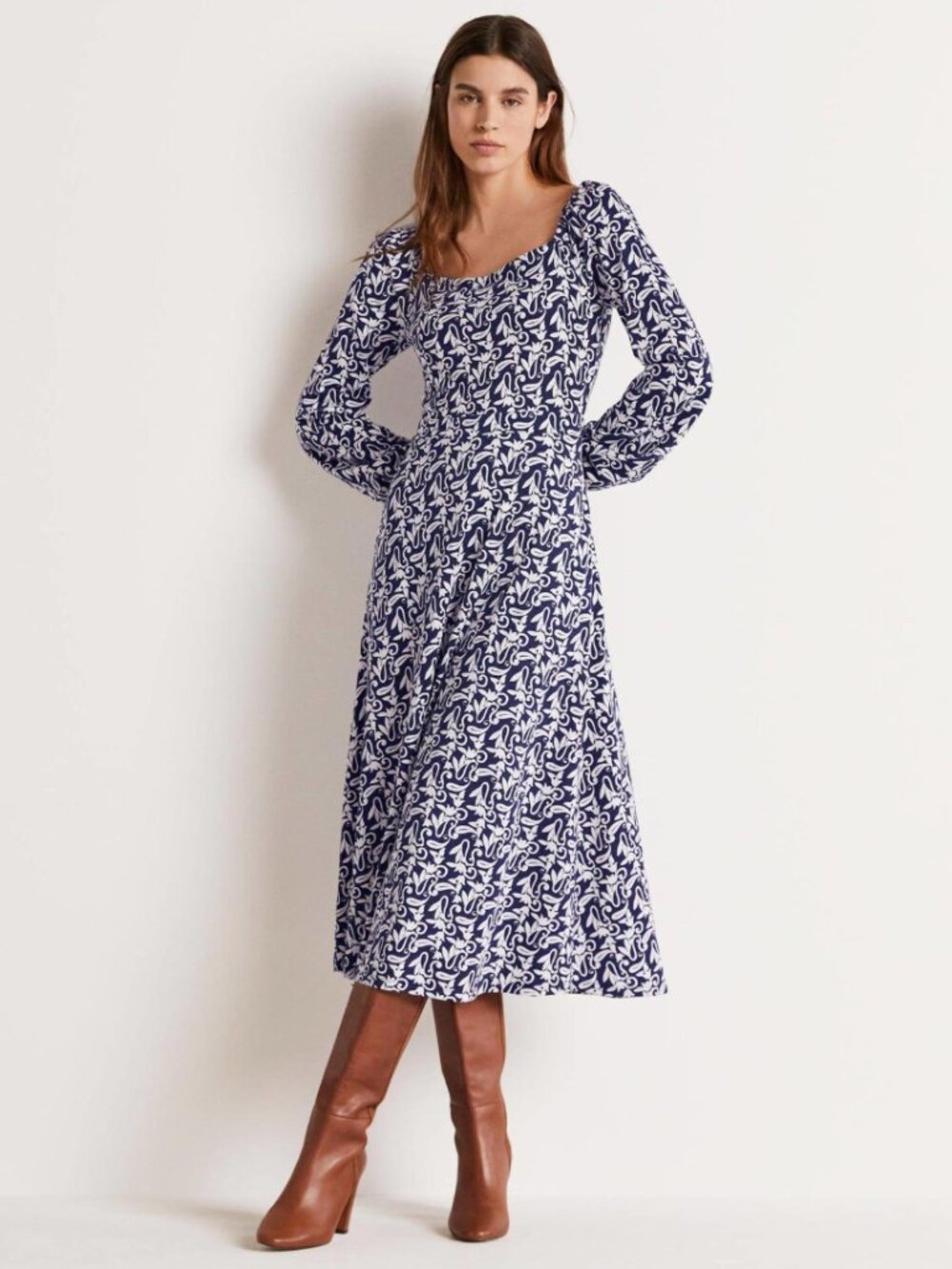 Boden Square Neck Jersey Midi Dress in Navy Paisley Meadow